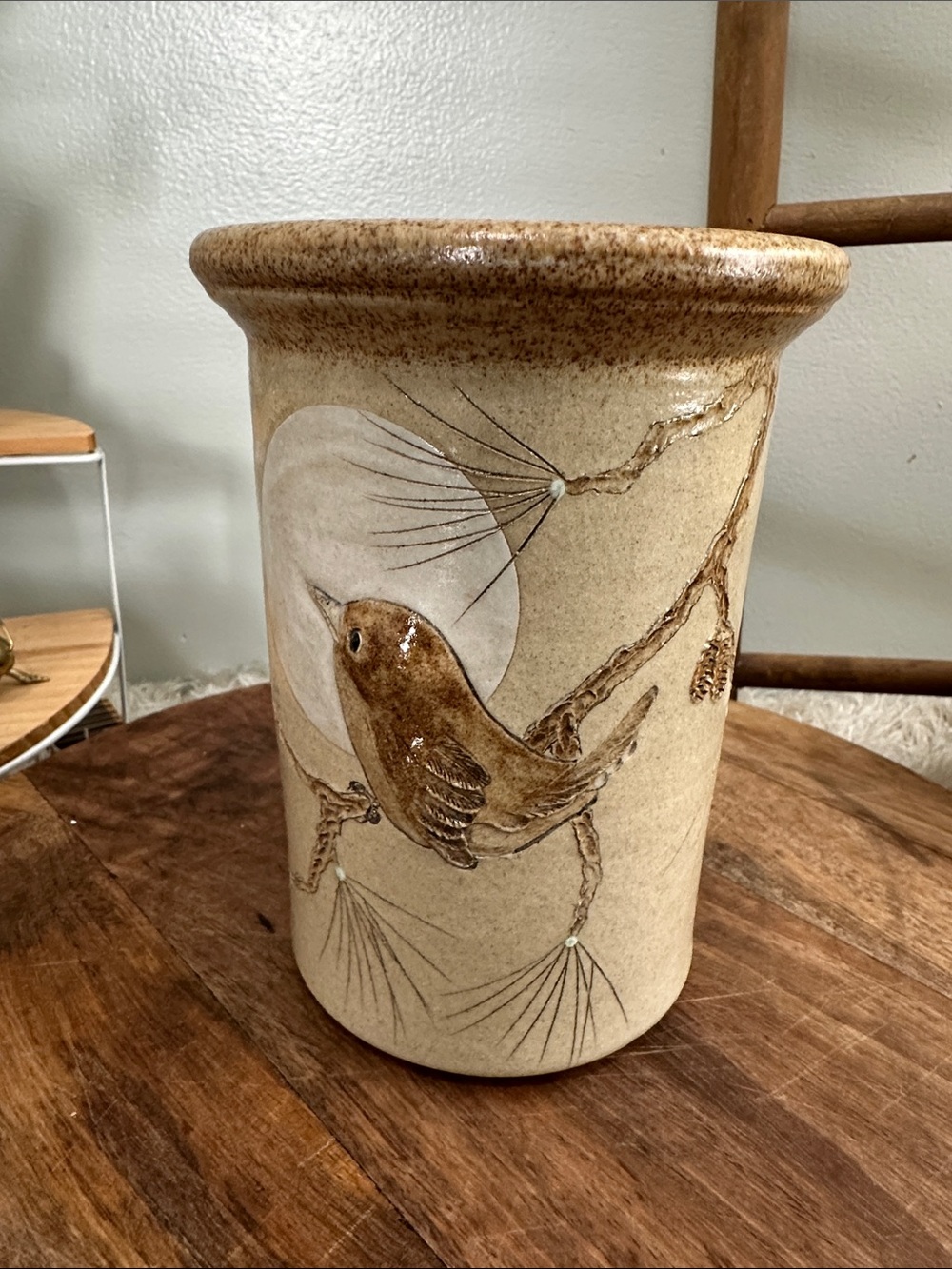 Art Pottery Utensil Holder‎ Jim & Gina Mahoney Handmade Stoneware Wren and Moon
